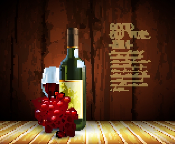 精美葡萄酒和木纹背景设计矢量图