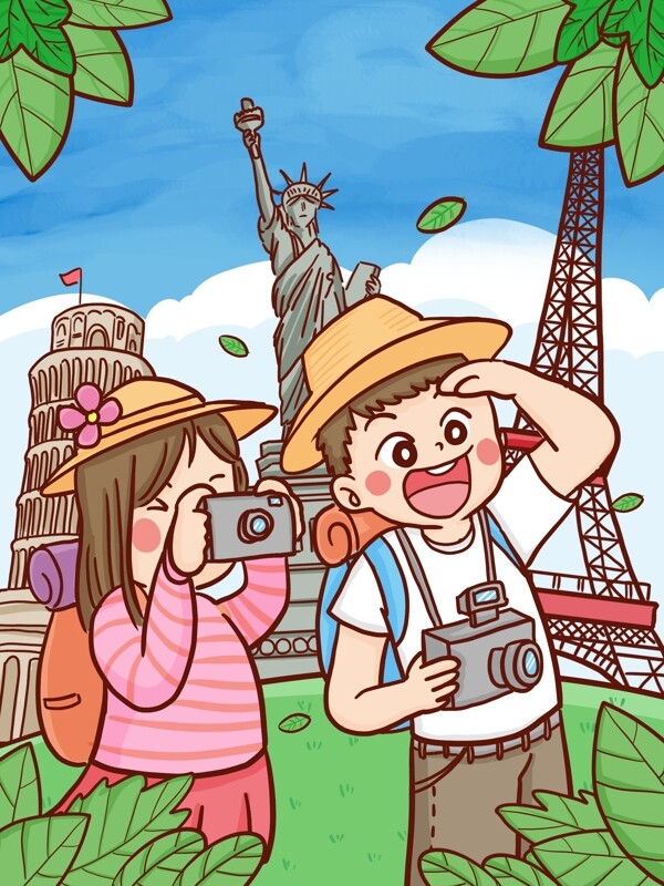 旅游季节男女在全世界旅游拍照留念手绘插画