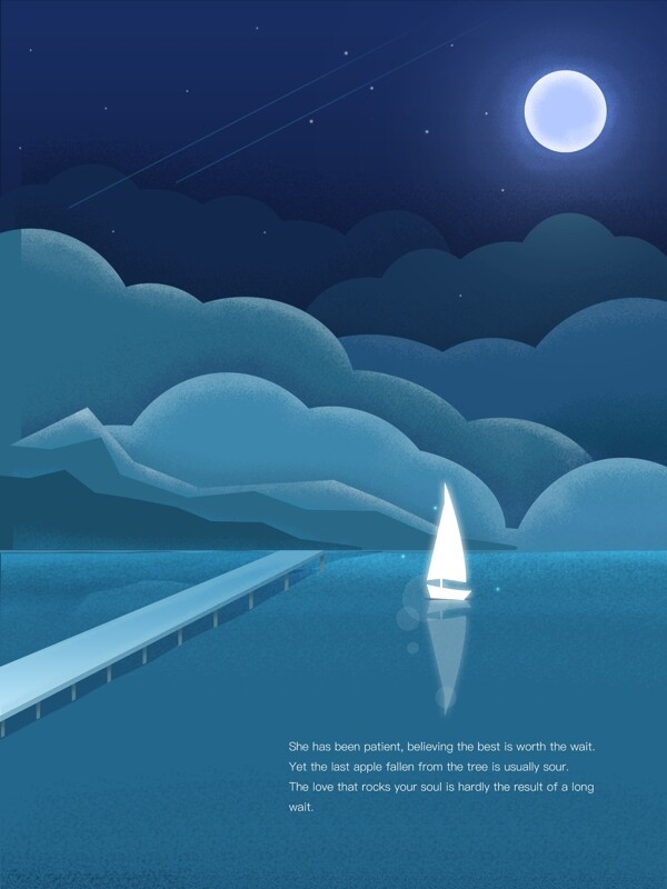 深蓝色月光下的帆船风景插画