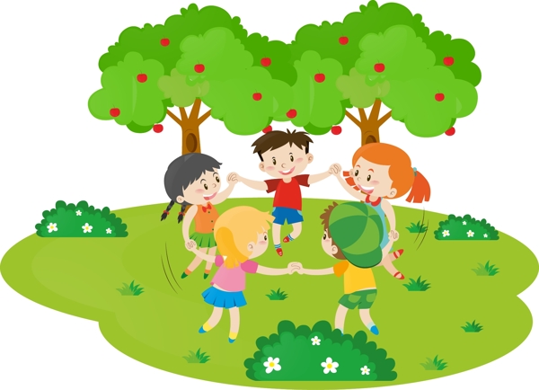 卡通儿童节在草坪玩耍的孩子