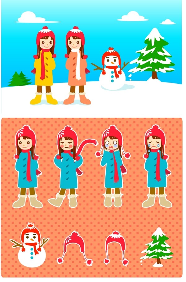 向量的雪人和小女孩矢量素材