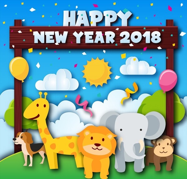 可爱动物园动物主题新年快乐