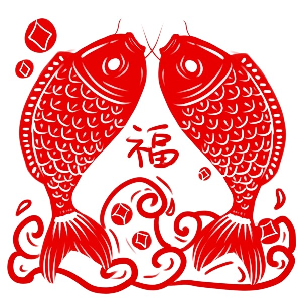 剪纸鲤鱼中国风古风红色双鱼