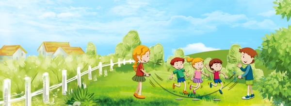 绿色手绘六一儿童节跳绳的小朋友背景
