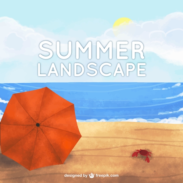 夏季沙滩遮阳伞和螃蟹矢量