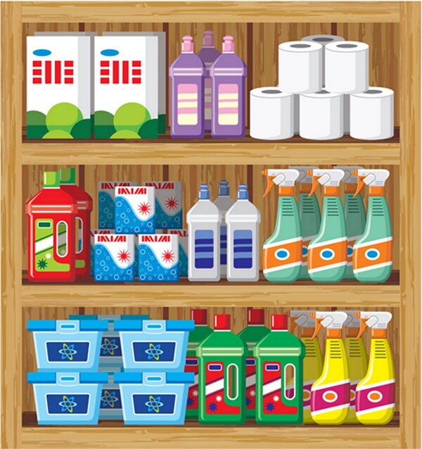 超市商品货架厨房清洁用品矢量图