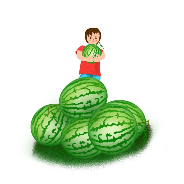 小孩子抱西瓜绿色手绘水果元素