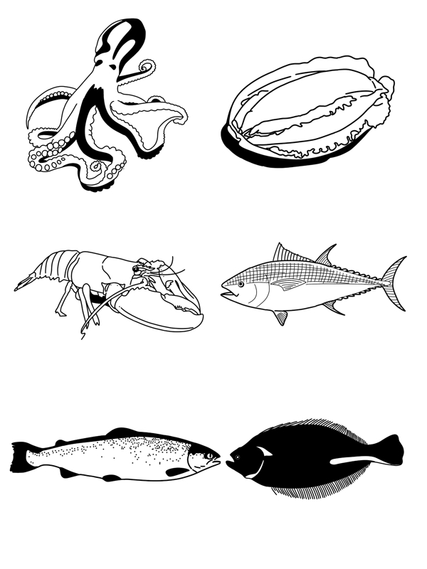 海鲜黑白手绘八爪鱼鲍鱼龙虾三文鱼金枪鱼