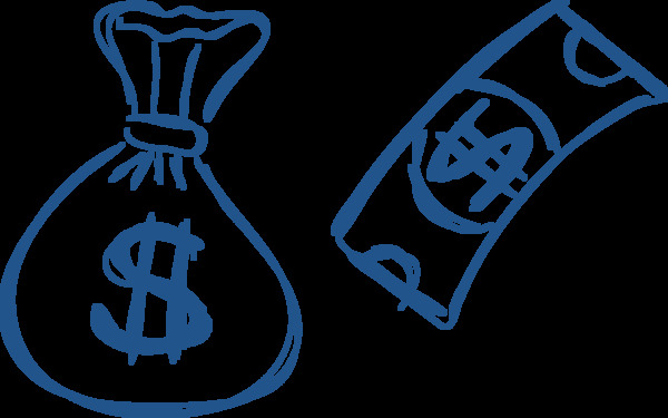 蓝色手绘钞票钱袋png元素