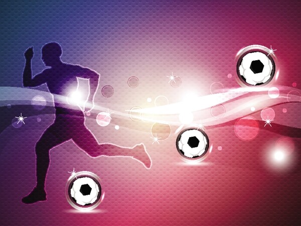 一个闪亮的足球在有光泽的波背景的足球运动员的剪影