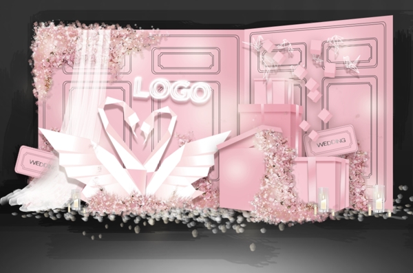 粉色灯管logo婚礼合影区效果图
