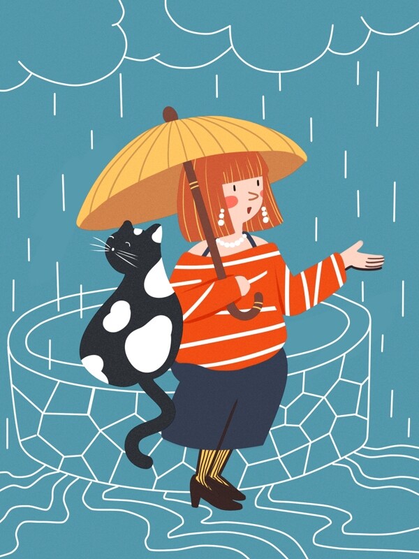 虚实象生雨中的女孩和猫咪