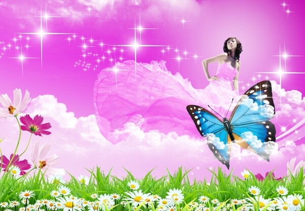 蝴蝶美女星星星光梦幻背景水晶花粉红色图片