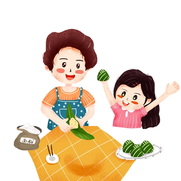 清新可爱包粽子的母女俩端午节素材
