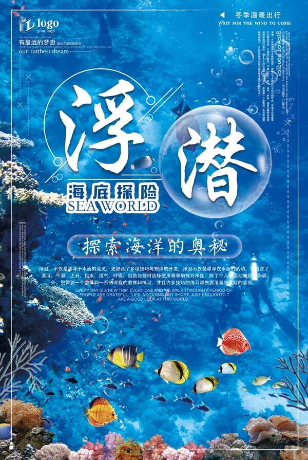 蓝色时尚简约浪漫海底浮潜宣传创意海报设计