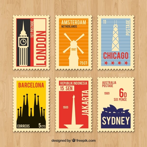 6款复古旅游城市邮票矢量素材