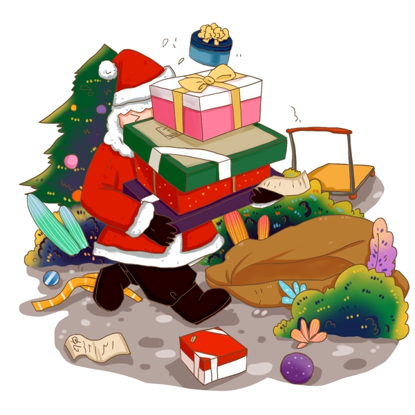 圣诞节焦急准备配送礼物的圣诞老人免抠元素