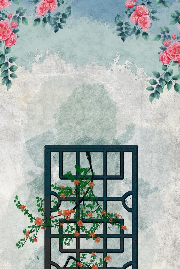 中国风水彩文艺花卉背景