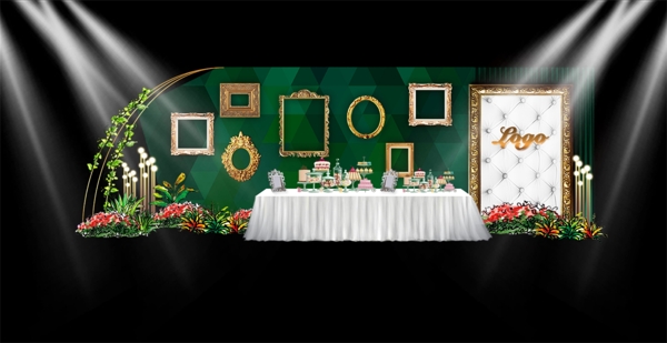 墨绿异形相框组合展示签到甜品婚礼效果图