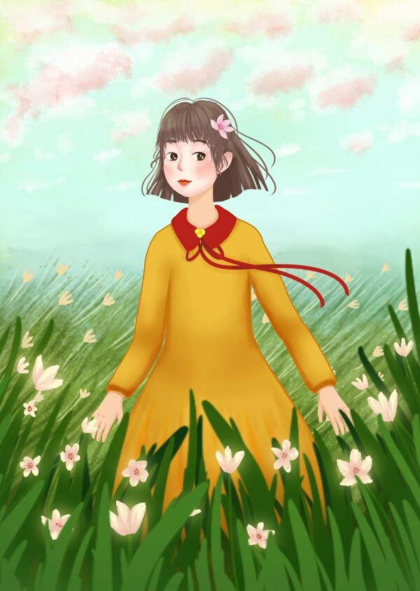 女孩旅游花丛草原