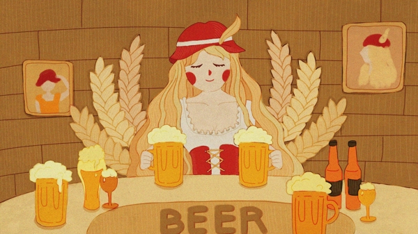 手绘插画复古风酒吧啤酒女郎啤酒节少女