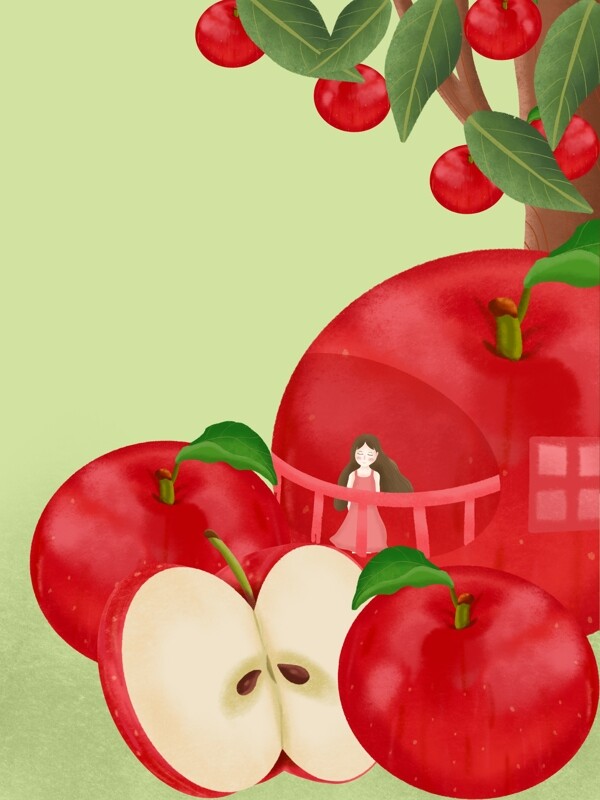 小清新新鲜苹果水果促销插画背景