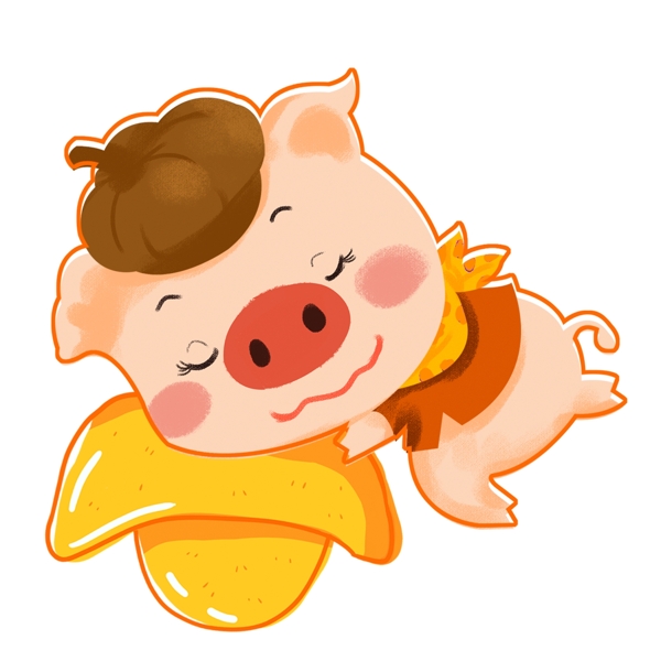 手绘可爱猪猪躺在金元宝睡觉原创元素