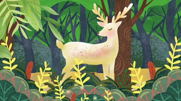 森林与鹿绿色清新森林插画