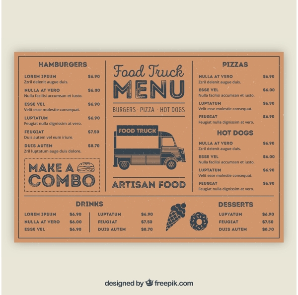 经典食品的卡车与手绘风格的菜单