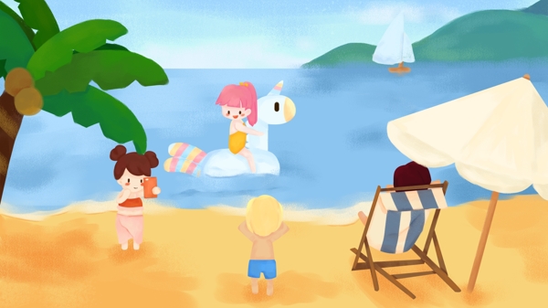 夏天沙滩海浪海边旅行插画