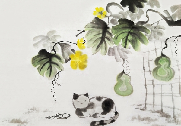 小猫水墨水彩复古背景海报素材图片