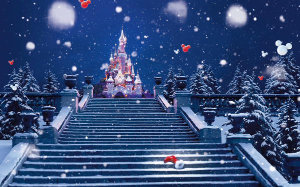 圣诞节飘雪城堡阶梯背景