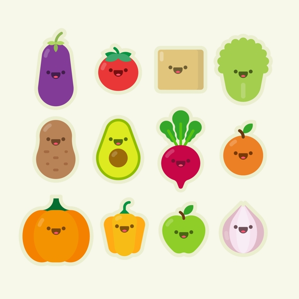 12款可爱表情蔬菜和水果矢量图