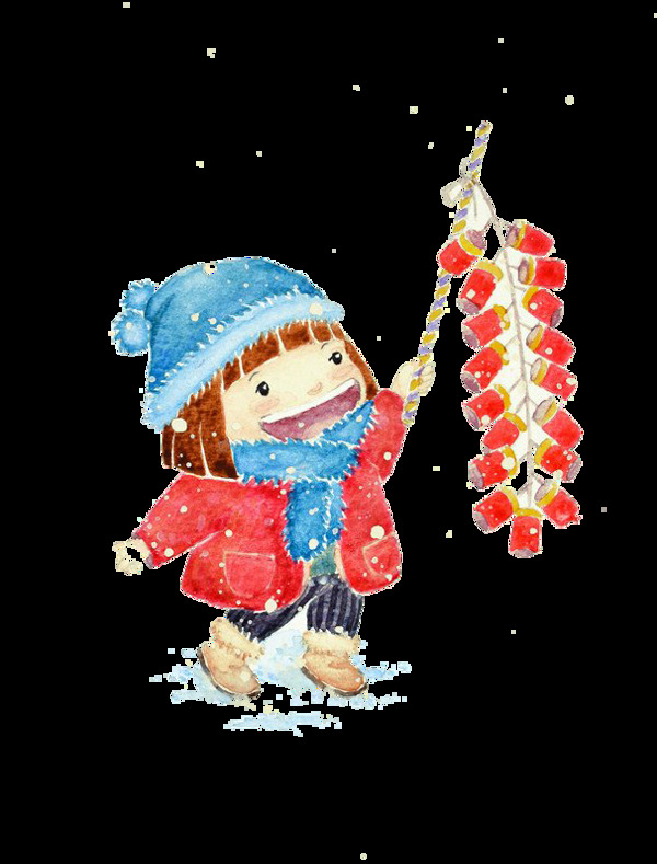 春节下雪天举着灯笼的卡通女孩
