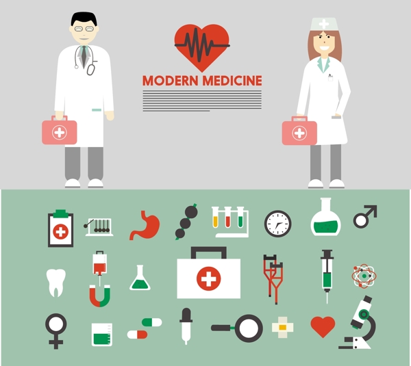 现代医学旗帜与工具集和医生免费矢量