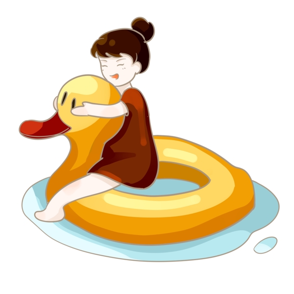 夏日游泳女孩骑鸭子的游泳圈PNG素材