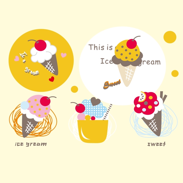 印花矢量图可爱卡通冰淇淋爱心心形免费素材