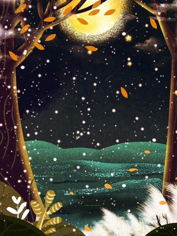 彩绘冬季树林圆月背景设计