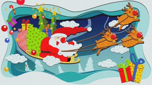 圣诞节圣诞老人剪纸风插画设计
