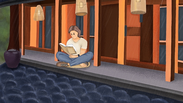 下雨天男生盘坐在屋檐下看书原创插画