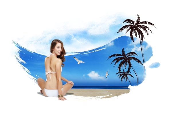 坐沙滩上的美女海报模板PSD素材