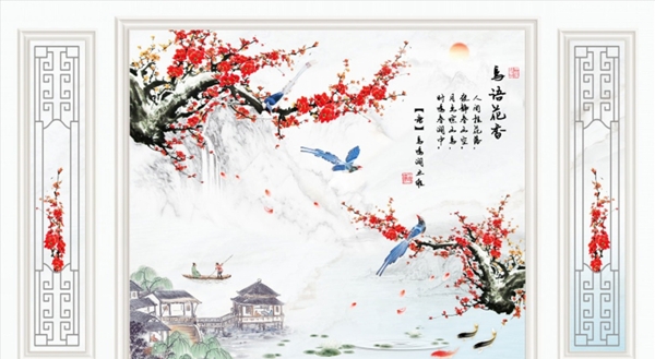 花鸟画梅花亭背景墙图片