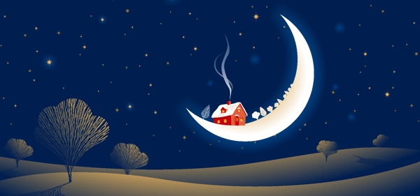 淘宝矢量卡通冬季月亮房子创意星空树木海报
