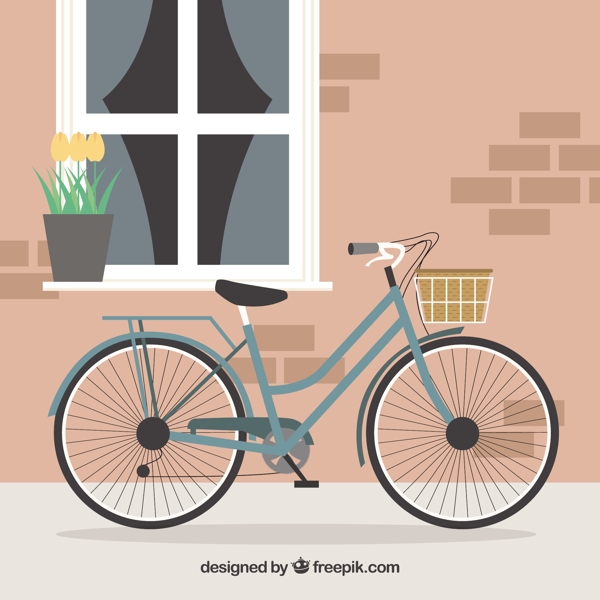 在可爱的房子背景前面的篮子里的自行车