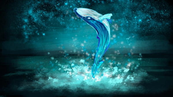 鲸鱼跳跃星空亮光蓝光夜晚幽灵