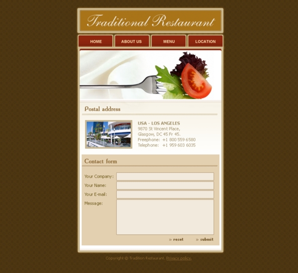 美食餐厅刀叉蔬菜番茄鲜艳诱人棕色背景网页模版psd分层素材餐厅网站图片