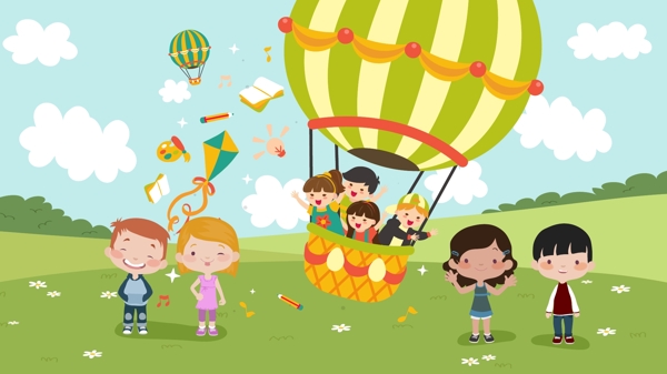 国际儿童日热气球环游矢量插画