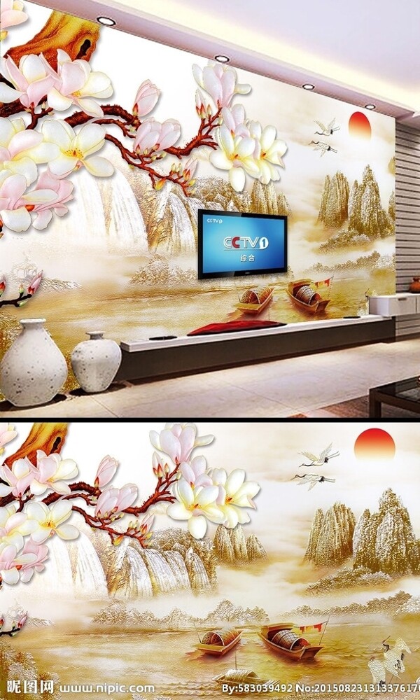 兰花山水彩雕背景墙