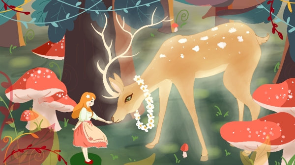 森林蘑菇丛中鹿精灵和女孩相遇打招呼插画