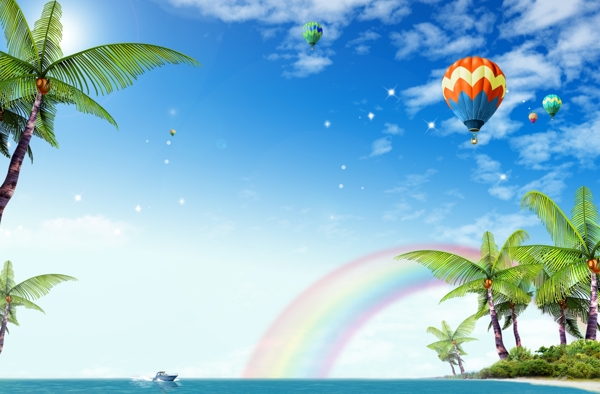 蓝天白云椰树彩虹降落伞